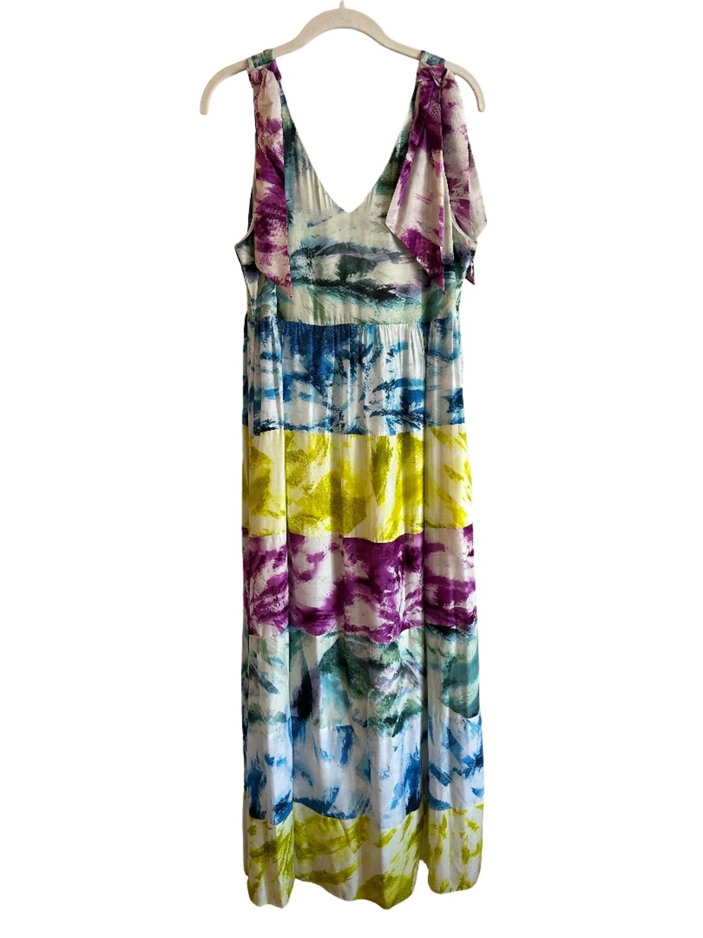 Marie Oliver Silk Blend Sleeveless Tiered Maxi Dress Shoulder Ties V Neck Dye S